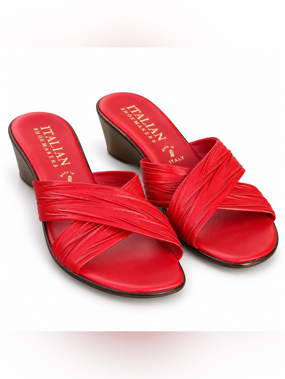 Italian Shoemakers Red Ruched Kenny Leather Crossover Comfort Wedge Slide Sandal